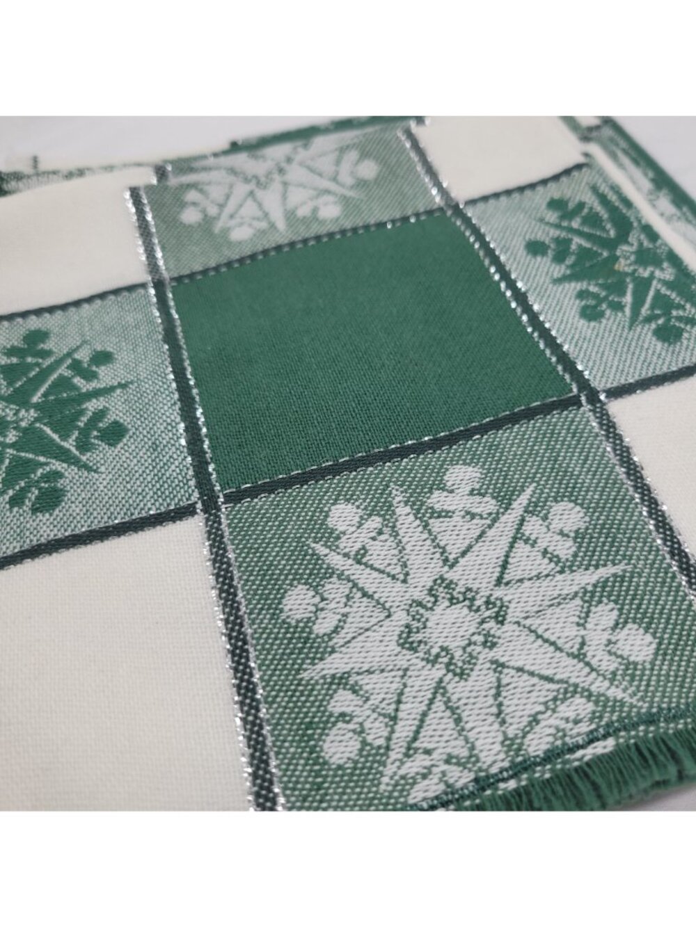 Vtg Green Checker Snowflake Cloth Napkins Set Of Six 15"x14" Woven Fabric Winter - Picture 4 of 9